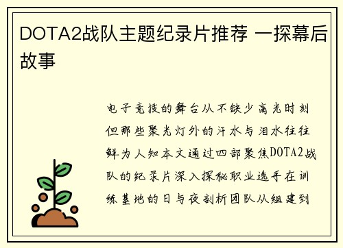 DOTA2战队主题纪录片推荐 一探幕后故事